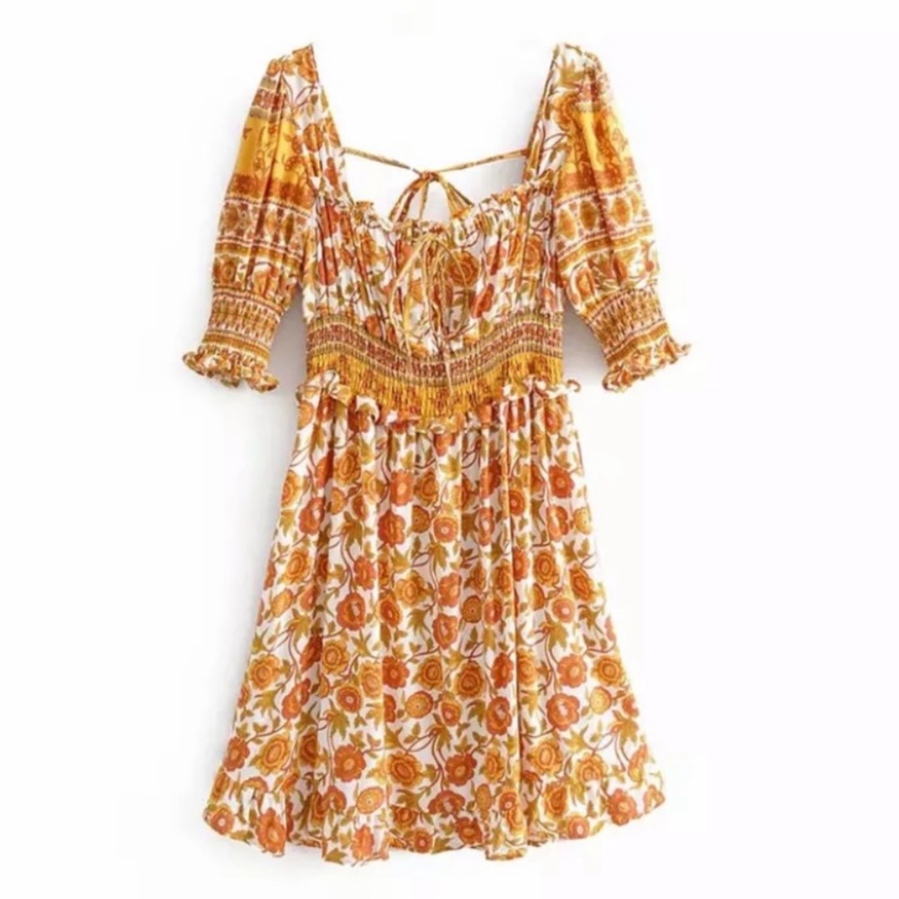 Bohemian Floral Retro Smocked Mini Dress - Picture 7 of 8